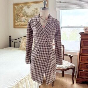 90s brown cream plaid dress coat